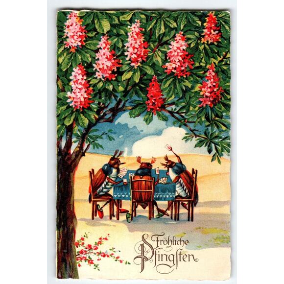 Bugs Playing Cards Beetles Pfingsten Fantasy Postcard Cockroach Happy Pentecost - Picture 1 of 2